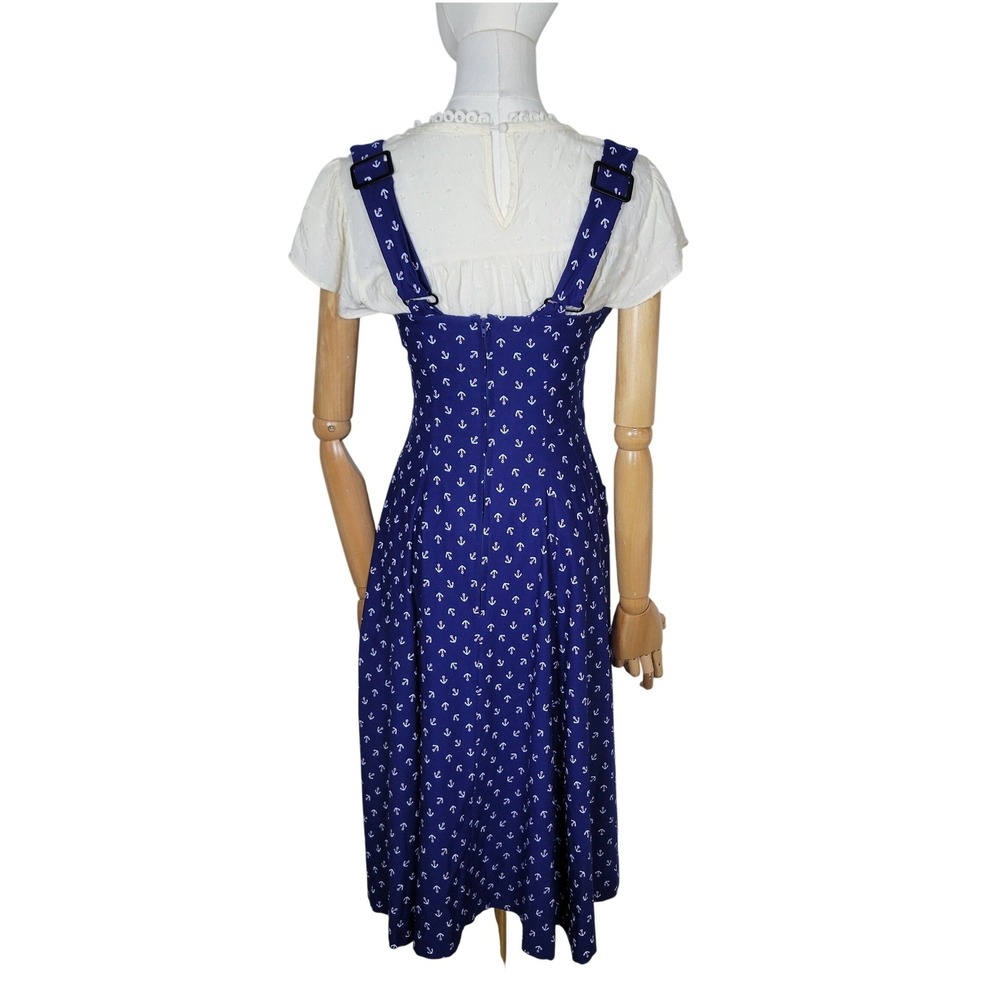 Unique Vintage Nautical Anchor Print Sailor Dress Retro Pin Up Midi Suspender XS - Picture 5 of 8